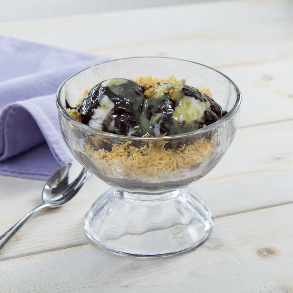 Dubai Chocolate Sundae with kunafa and pistachio sauce