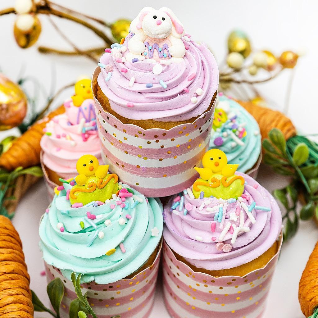 Easter 2025 cupcakes with pastel frosting and bunny toppers.