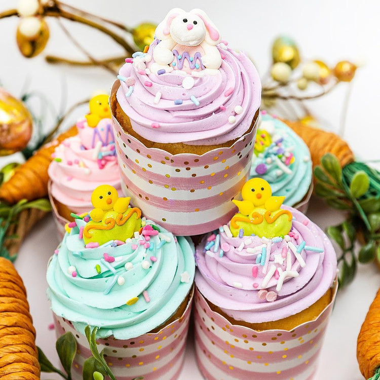 Easter 2025 cupcakes with pastel frosting and bunny toppers.