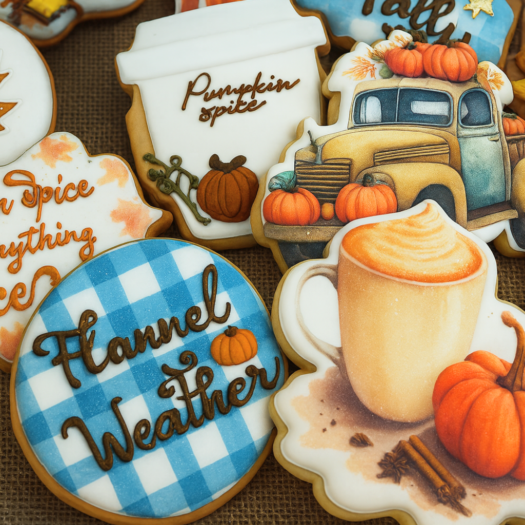 Assorted fall butter cookies with pumpkin and truck designs.