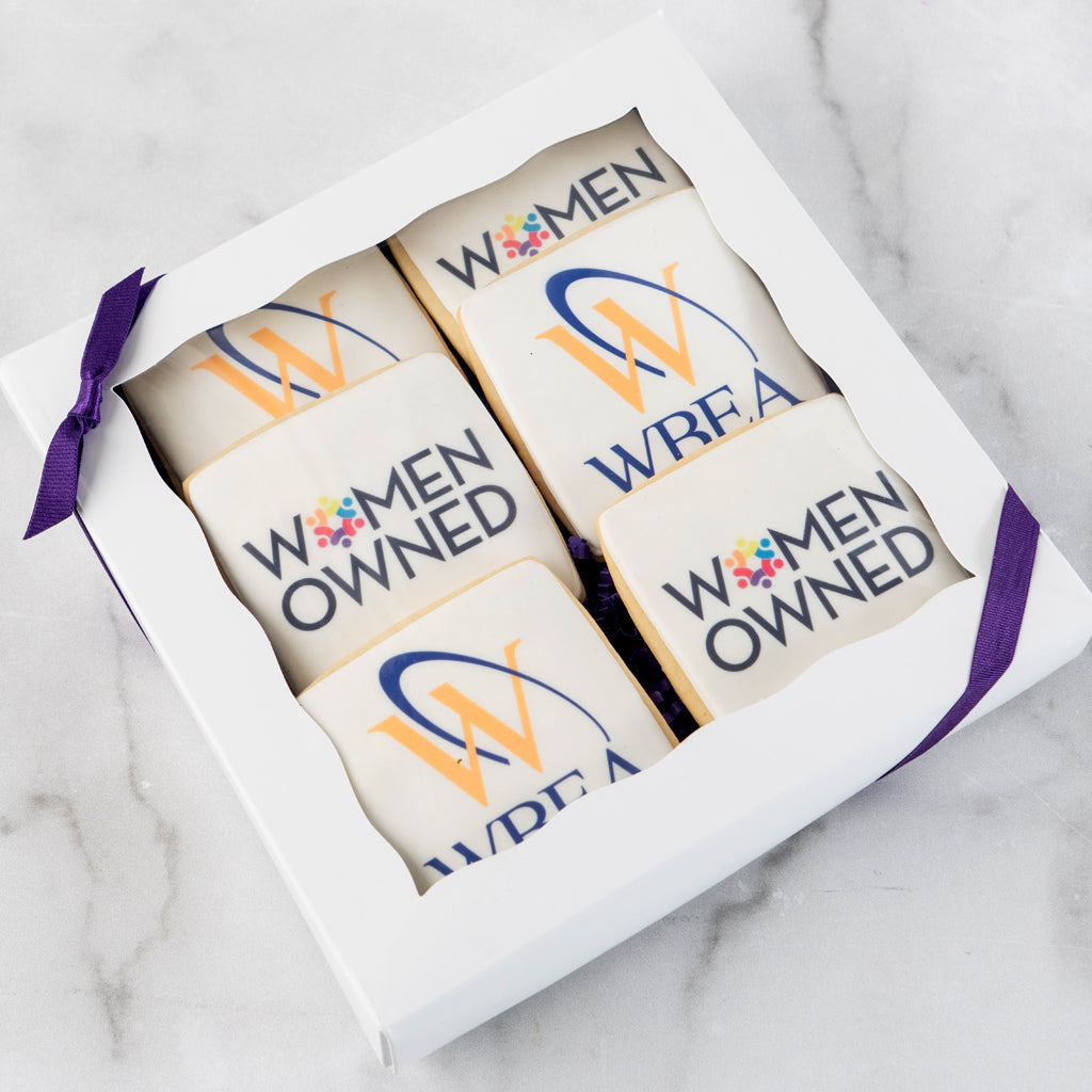 6-pack photo and logo cookies in a white gift box with purple ribbon