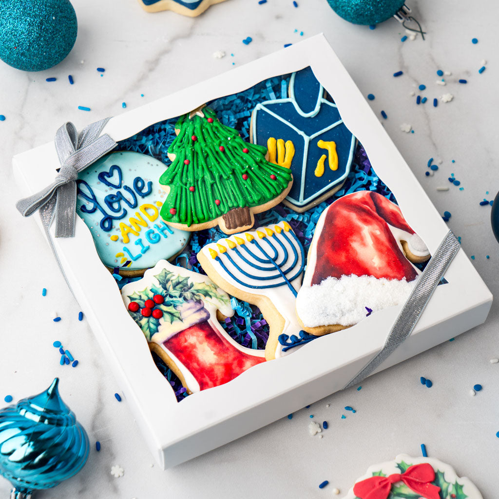 Gift Box of Interfaith Butter Cookies with a silver ribbon.