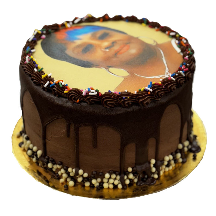 9-inch photo cake with chocolate drip and sprinkles