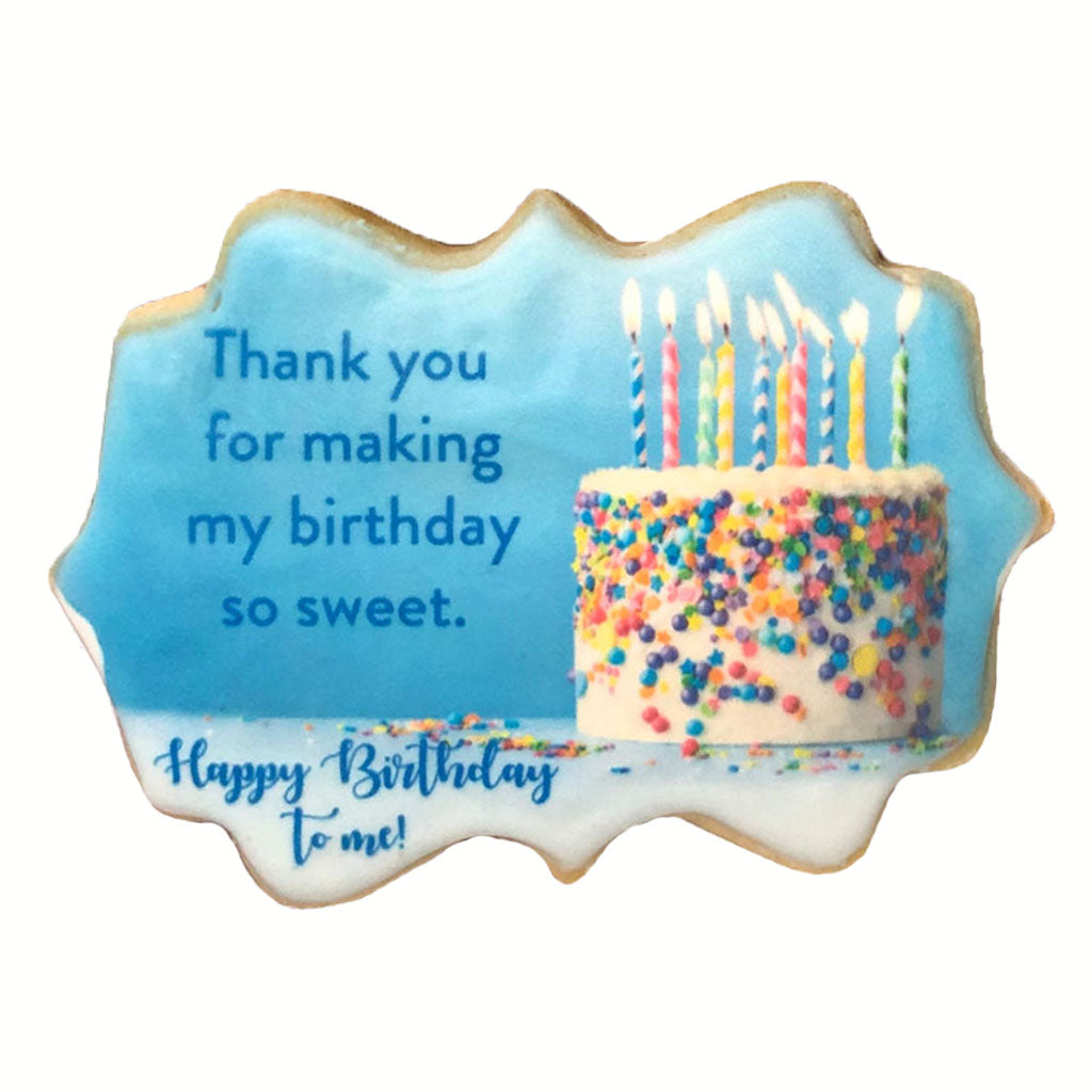 Photo and logo birthday plaque cookie with cake design
