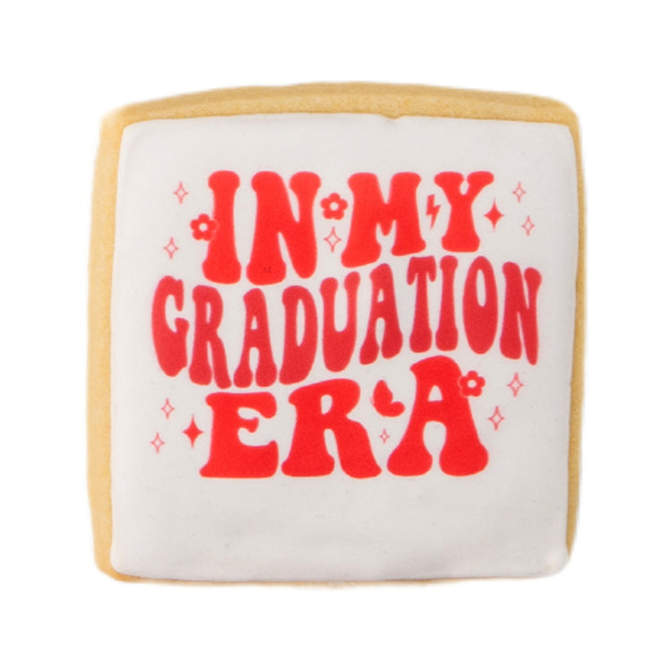 Square graduation cookie with red In My Graduation Era text.