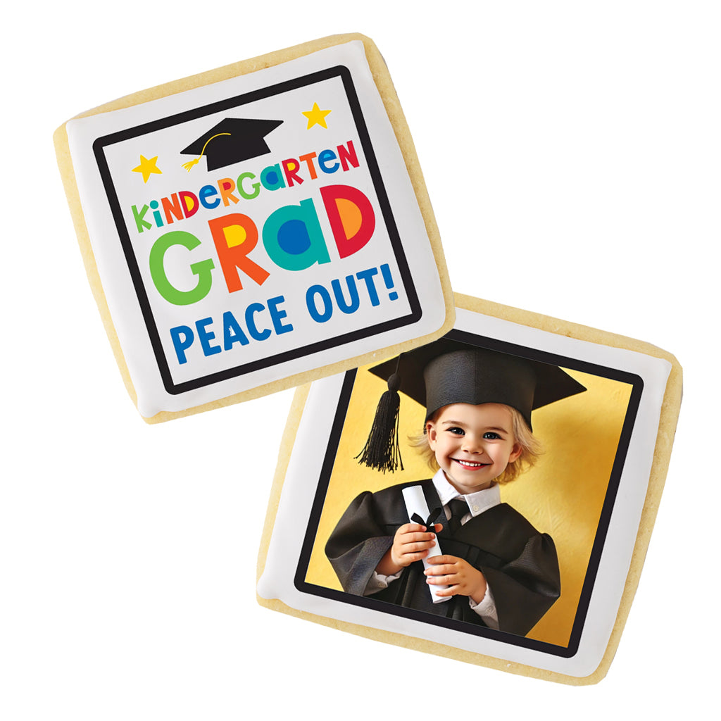 Square cookies with custom photo and kindergarten grad designs.