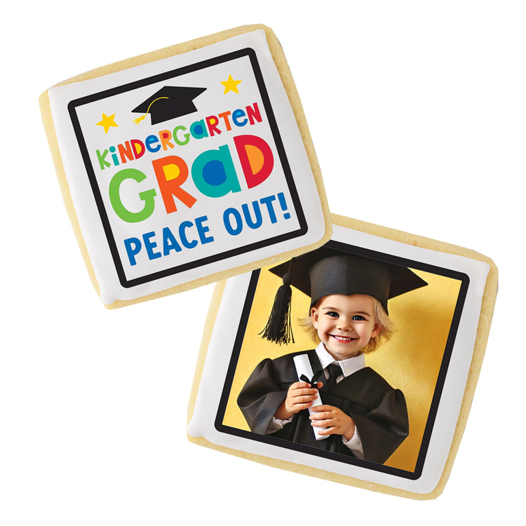 Square cookies with custom photo and kindergarten grad designs.