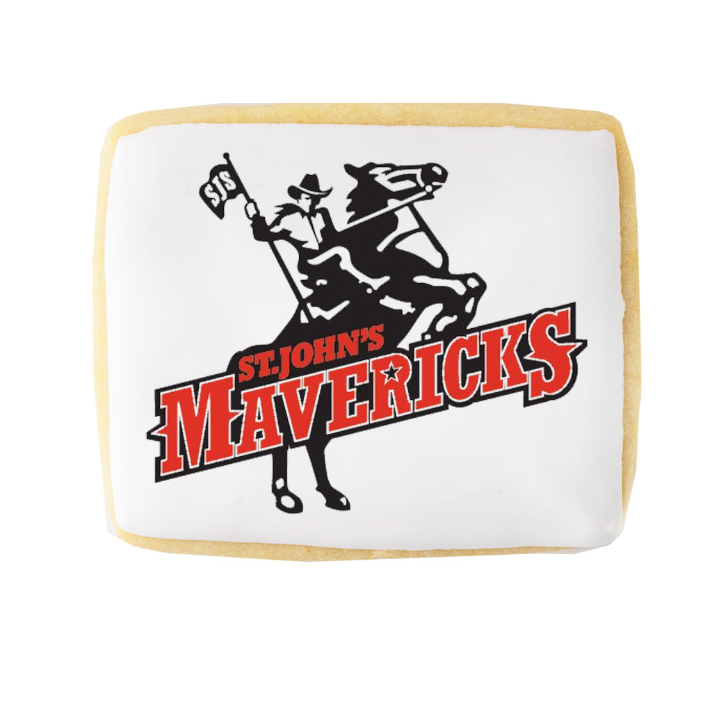 Rectangle graduation cookie with St. John's Mavericks logo.