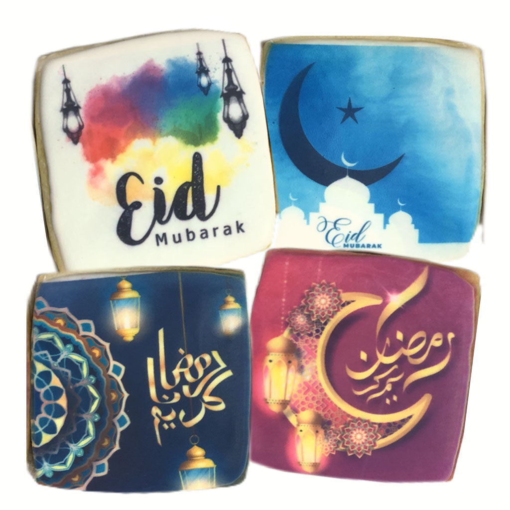 Square Eid Mubarak cookies with colorful printed designs.