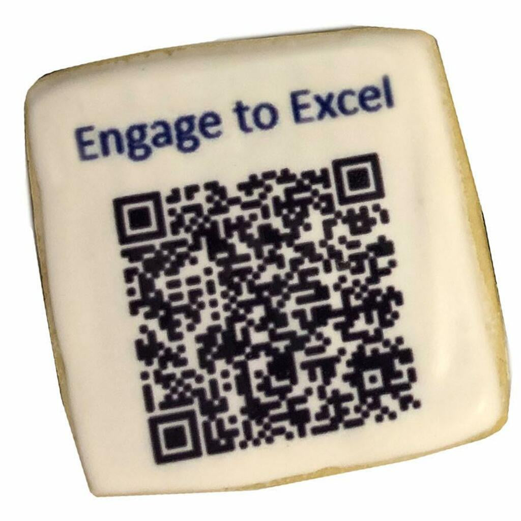 Square QR code cookie with Engage to Excel text.