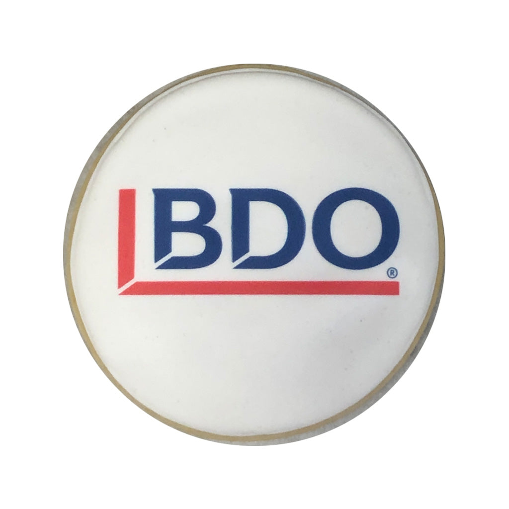 Round sugar cookie with a printed BDO logo on white icing.