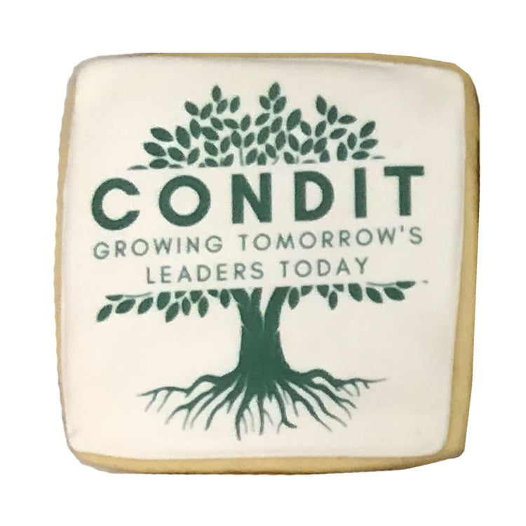 Square cookie with a green tree logo and text.