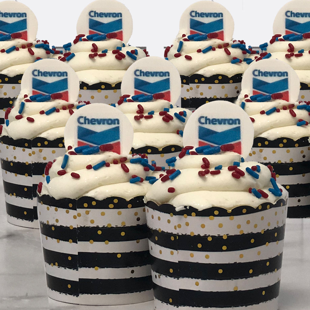 Photo & Logo Cupcakes with Chevron toppers in striped liners