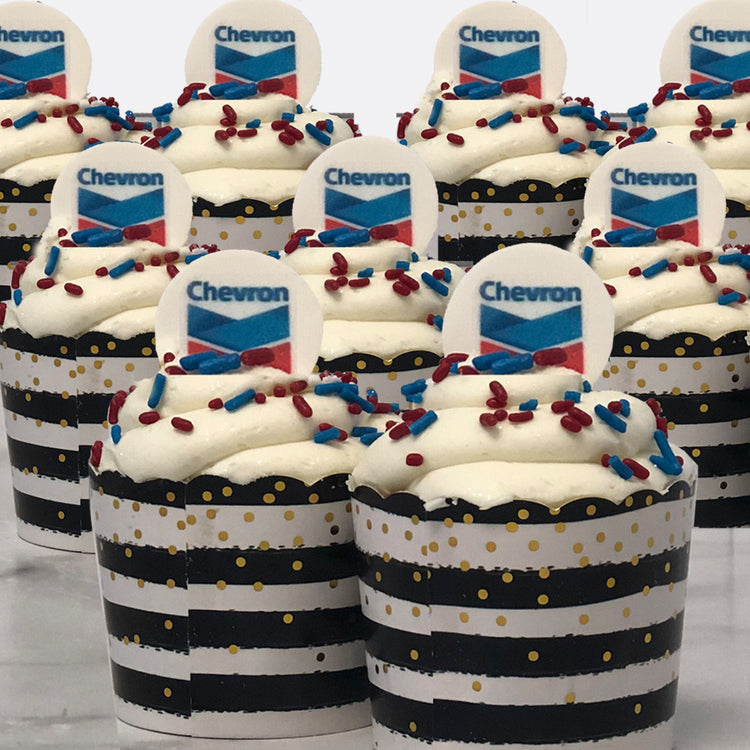 Photo & Logo Cupcakes with Chevron toppers in striped liners