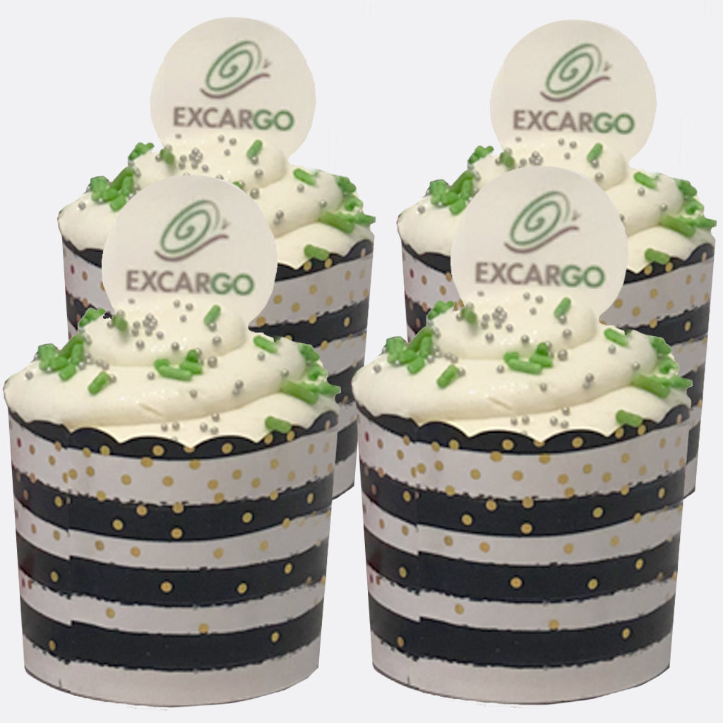 Photo & Logo Cupcakes with green sprinkles in striped liners