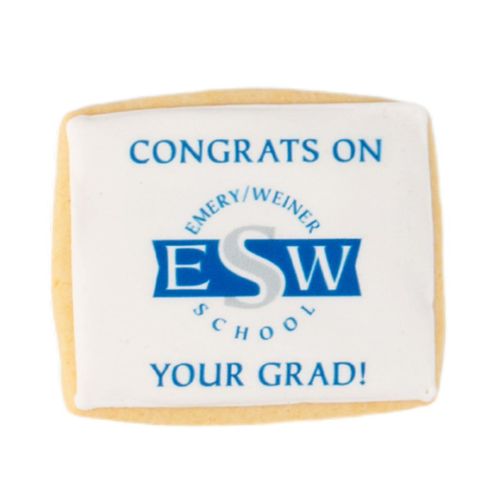 Rectangle graduation cookie with blue school logo and text.