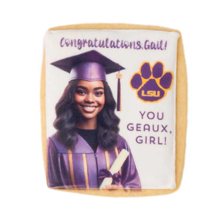 Rectangle graduation cookie with LSU logo and photo.