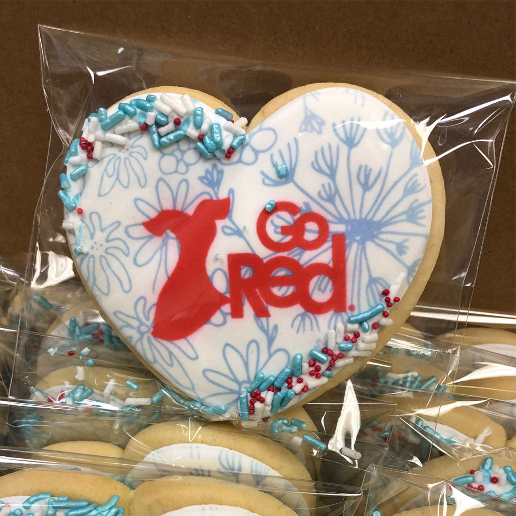 Cookies with Heart featuring Go Red logo and blue sprinkles