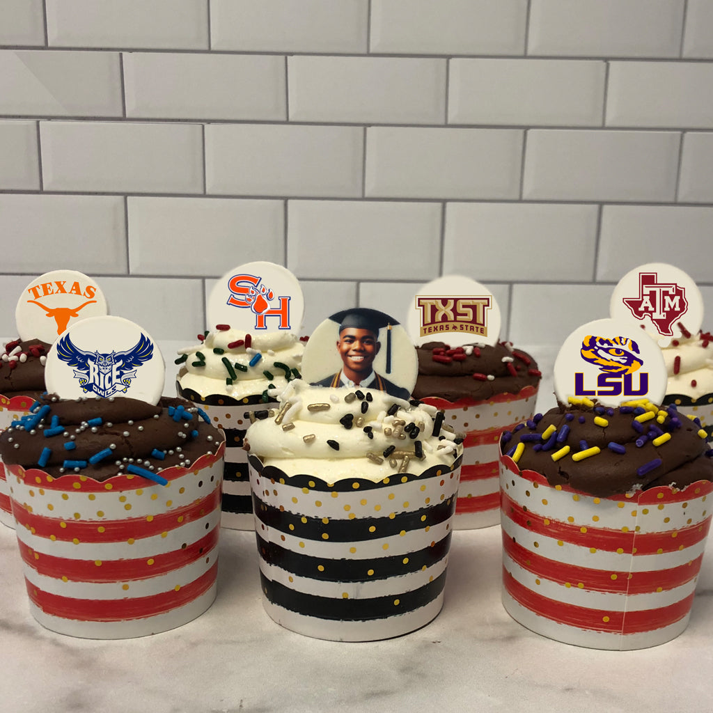 Graduation photo and university logo cupcakes with sprinkles.