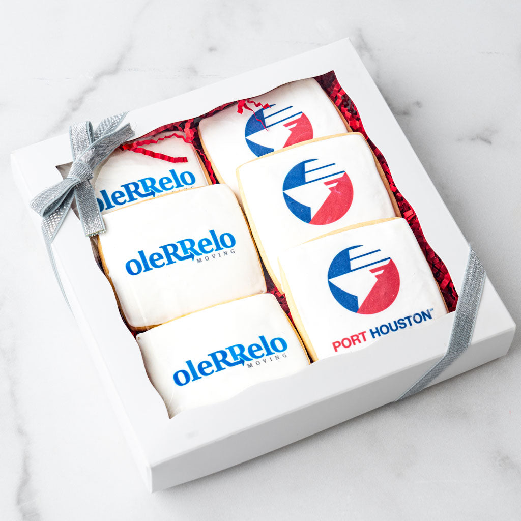 6-pack logo cookies in a white gift box with silver ribbon
