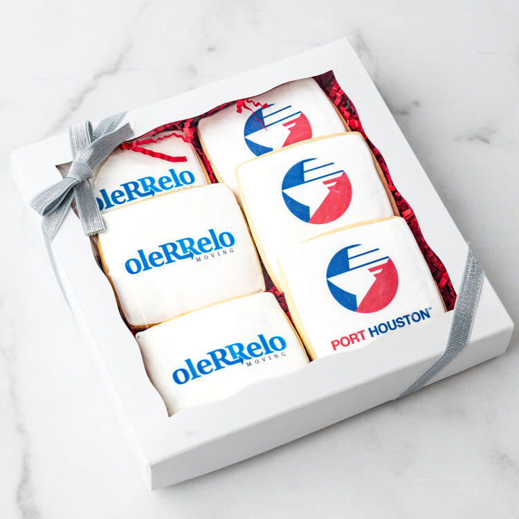 6-pack logo cookies in a white gift box with silver ribbon