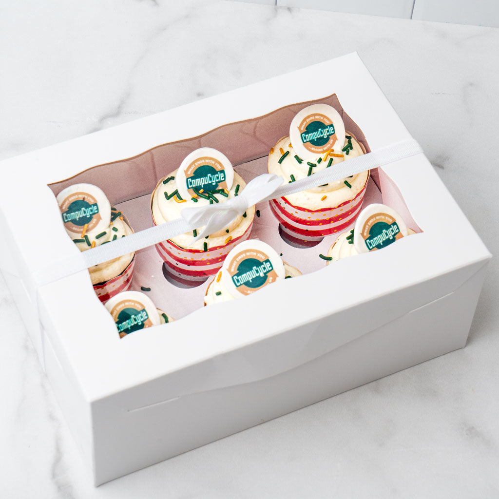 6-pack photo and logo cupcakes in a white gift box with ribbon