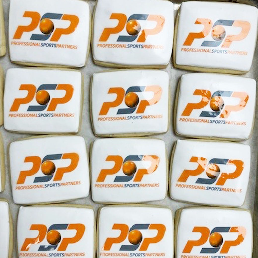 Rectangular business card cookies with orange logo prints