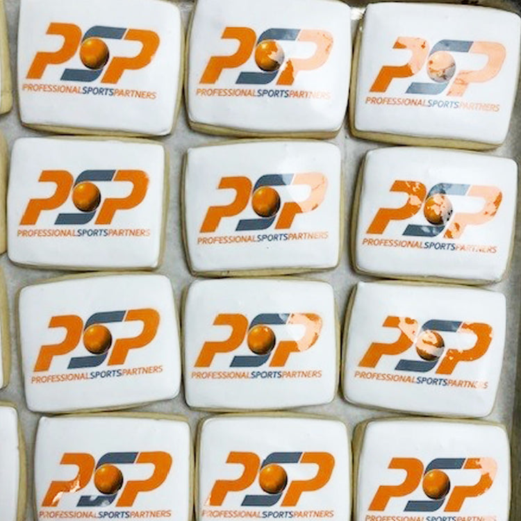 Rectangular business card cookies with orange logo prints