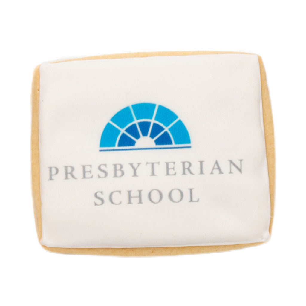 Rectangle graduation cookie with a blue school logo.