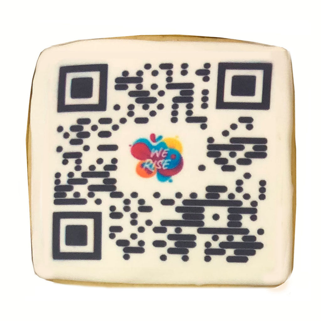 Square cookie with a printed black QR code and logo.