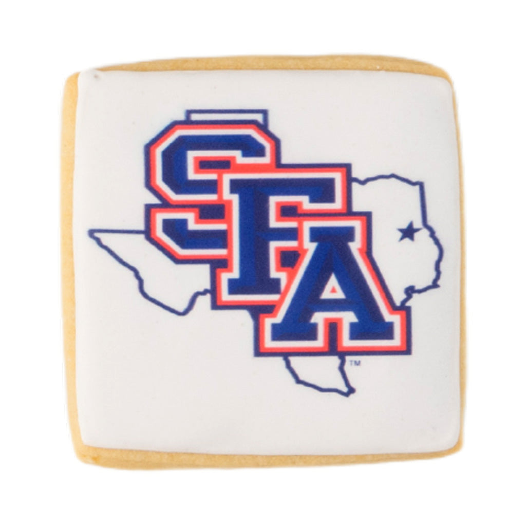 Square graduation cookie with SFA logo and Texas map outline