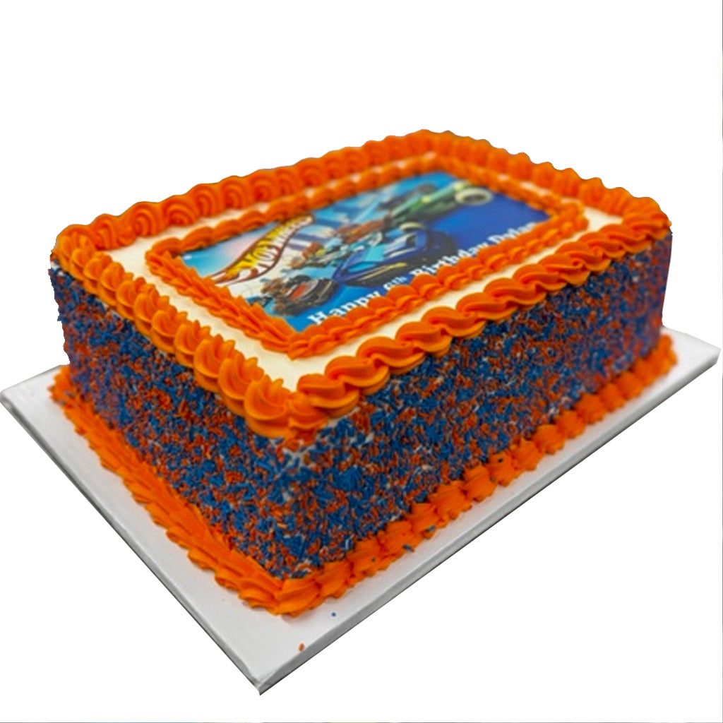 Photo & Logo sheet cake with orange frosting and blue sprinkles