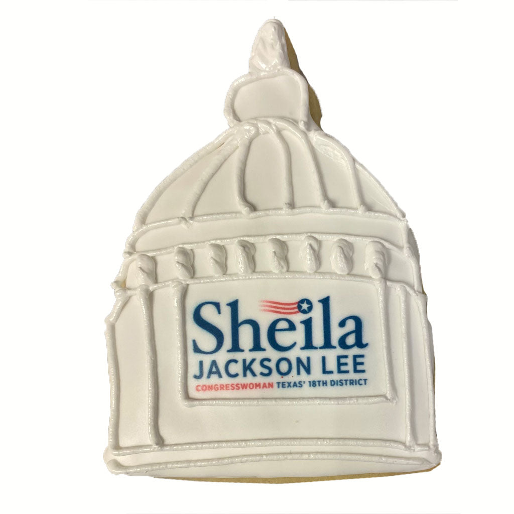 Capitol cookie with white icing and Sheila Jackson Lee logo