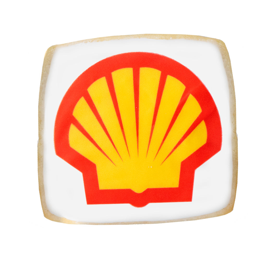 Square cookie with a printed red and yellow shell logo.