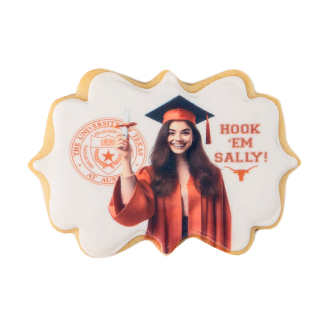 Graduation photo and logo plaque cookie with UT branding
