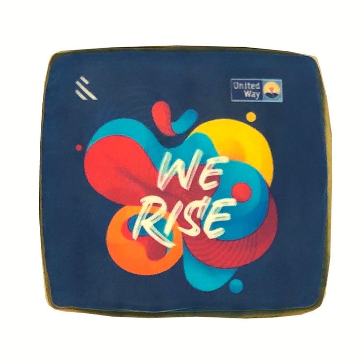 Square cookie with United Way logo and We Rise graphic.