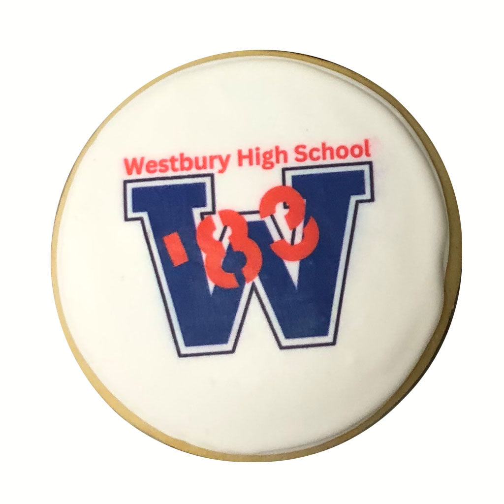 Round cookie with Westbury High School logo and text.