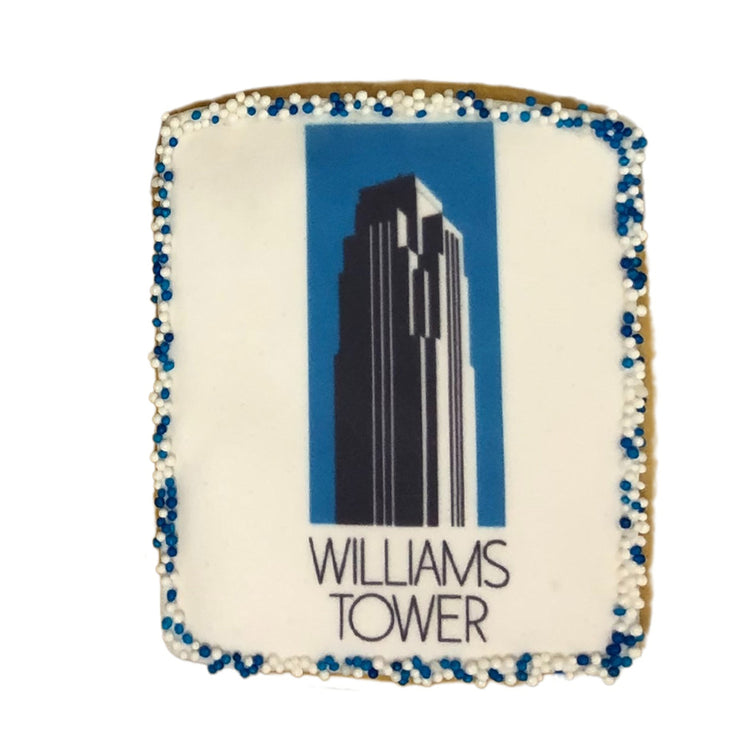 Business card cookie with Williams Tower logo and blue sprinkles