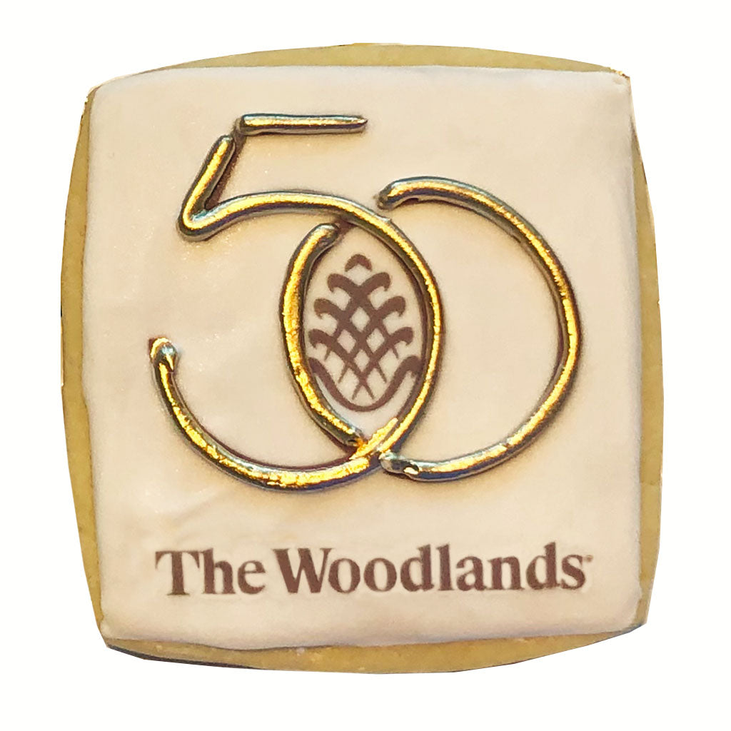 Woodlands 50th square cookie with gold icing detail