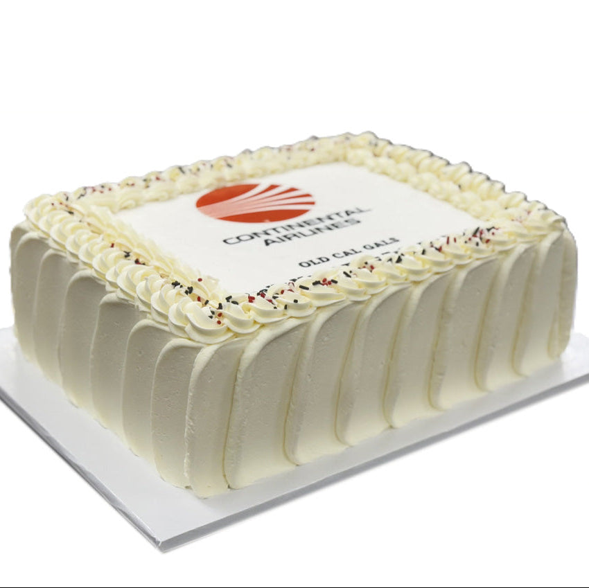 Sheet cake with Continental Airlines logo and white frosting