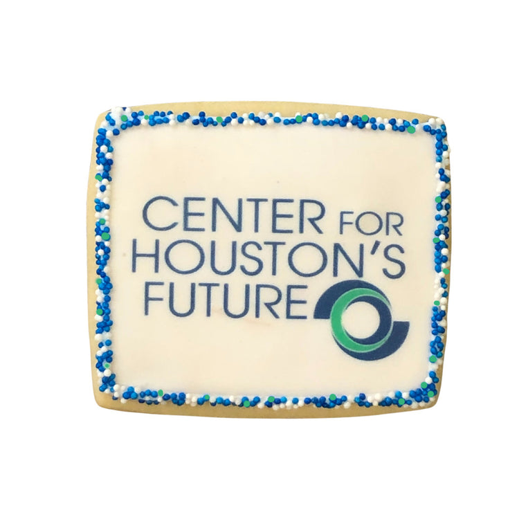 Square business card cookie with logo and blue sprinkles.
