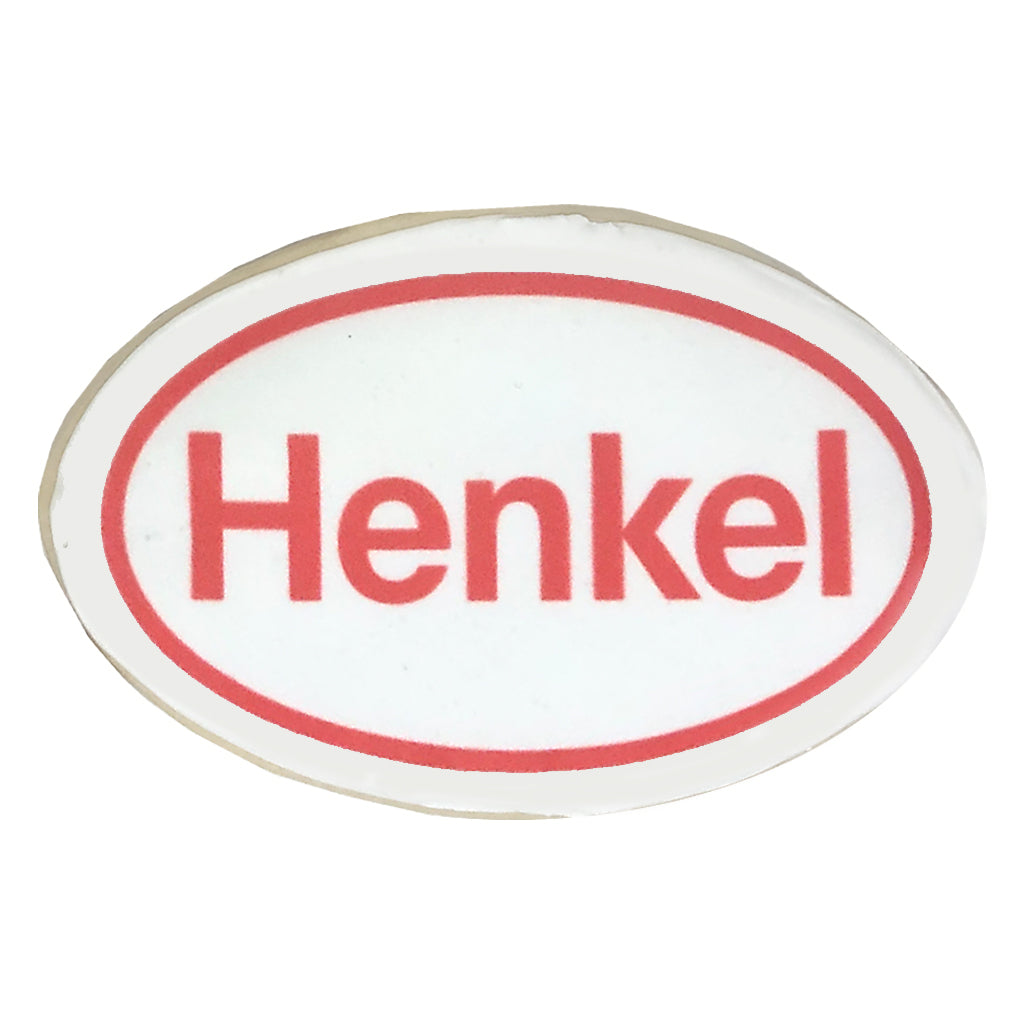 Oval custom logo cookie with red Henkel branding