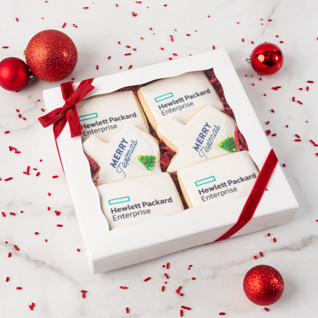 6-pack Photo & Logo cookies in a white gift box with red ribbon.