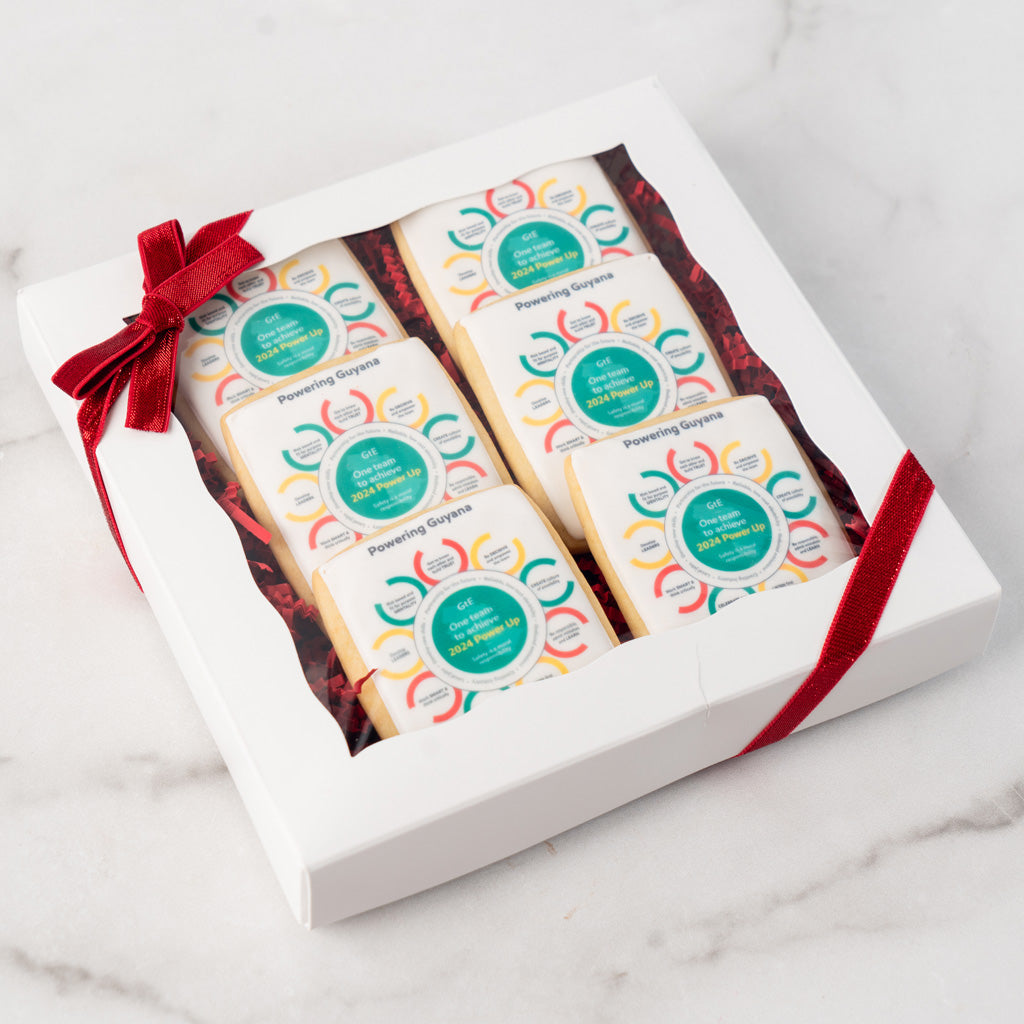 6-pack photo and logo cookies in a white gift box with red ribbon