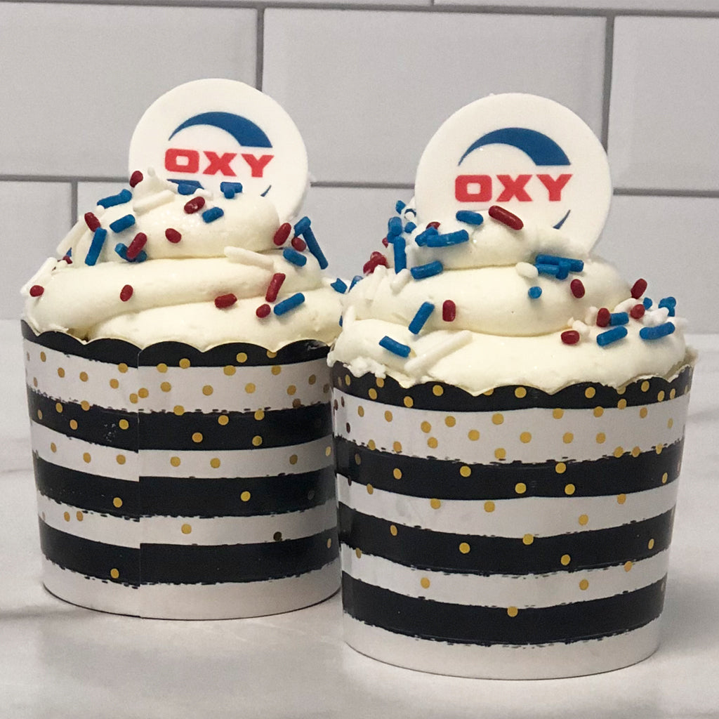 Photo & Logo Cupcakes with red, white, and blue sprinkles.