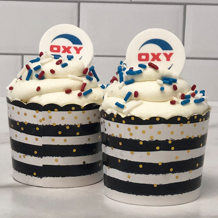 Photo & Logo Cupcakes with red, white, and blue sprinkles.