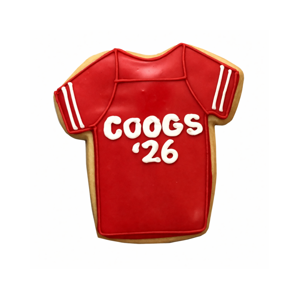 Hand-decorated Coogs '26 jersey-shaped sugar cookie.