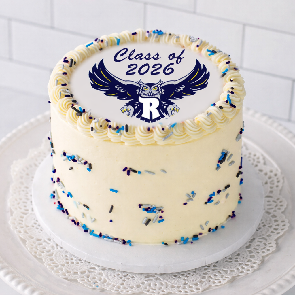 6-inch graduation cake with owl logo and blue sprinkles