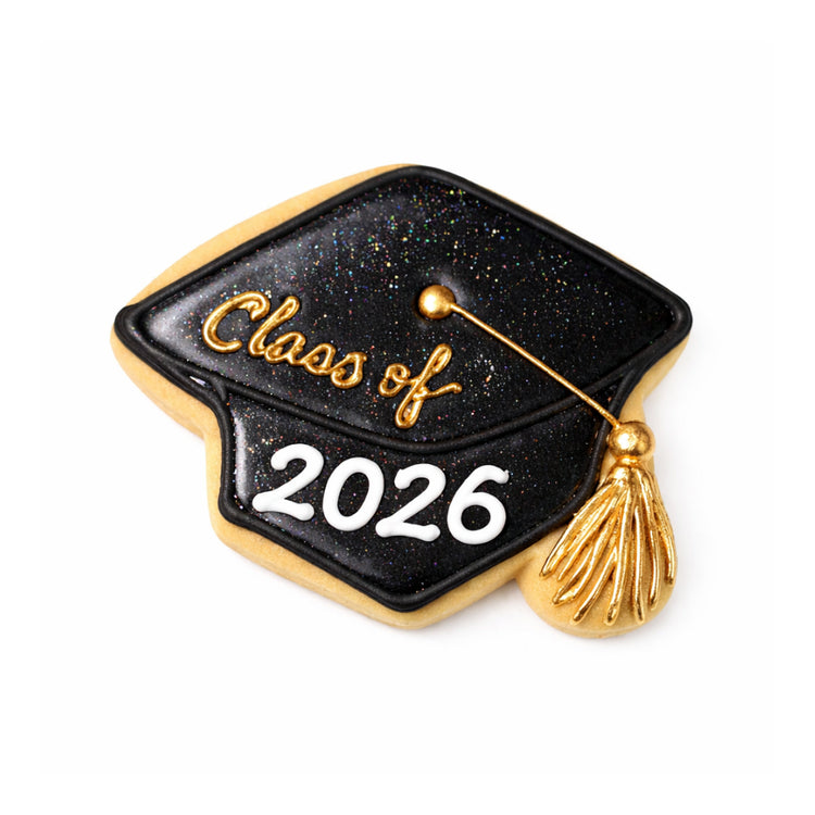 Graduation Cap cookie with Class of 2026 icing and gold tassel