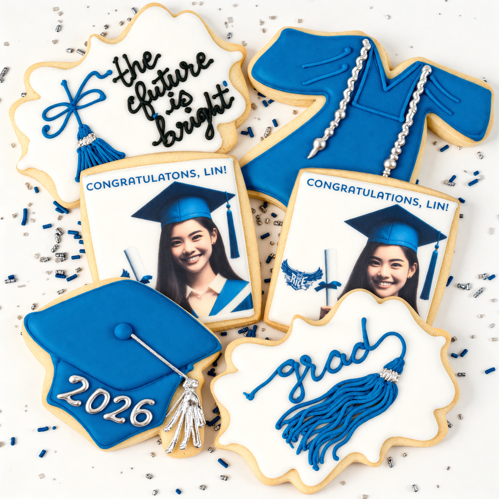 Graduation cookie gift box with blue and white icing designs.